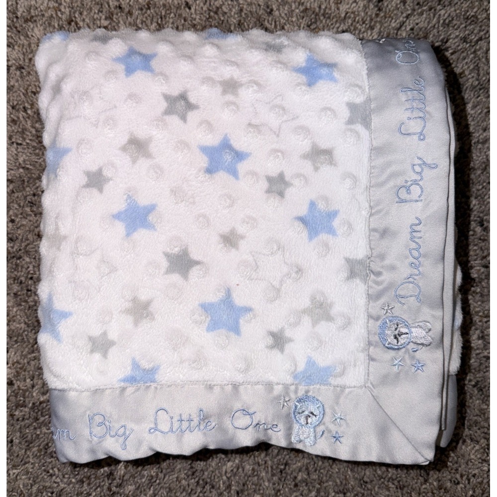 Just Born Baby Blanket Dream Big Little One Blue Gray Stars Minky Matte Satin